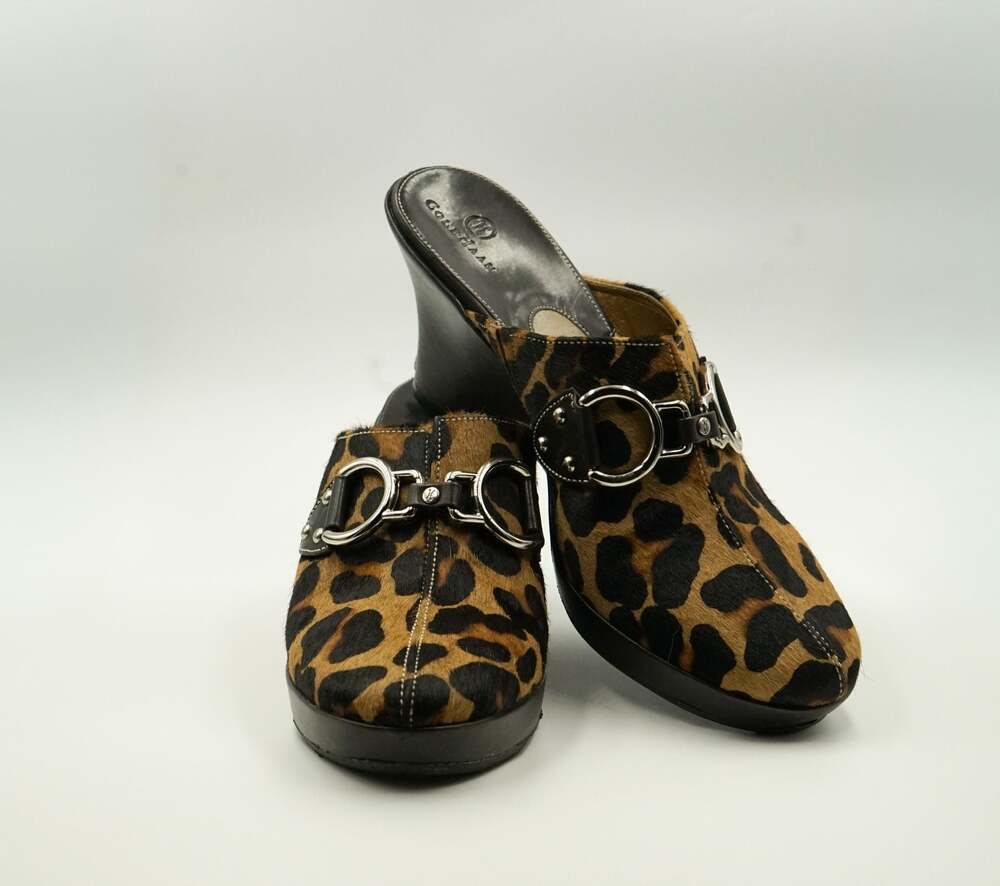 Cole Haan Leopard Calf Hair Horsebit Wedge Mules Size 9.5B
